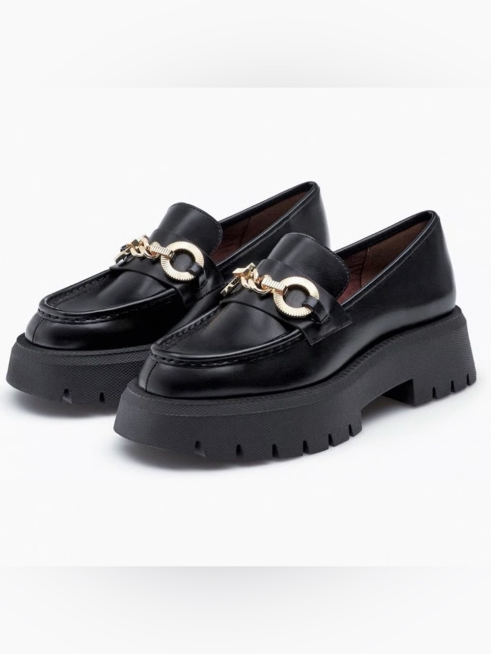 Zara platform chunky black patent gold lug slip on loafers 37